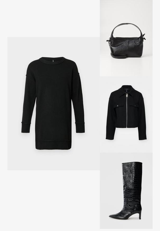 Afskåret sort jakke lavet af blødt stof, med lynlås fortil, spids krave og to brystlommer med sølvfarvede trykknapper.; Lang sort strikket sweater med ribbede manchetter og kant, rund hals, og sænkede skuldersømme på en lys grå baggrund.; Sorte knæhøje støvler med en blank, krokodillemønstret tekstur, spids tå og en affaset hæl. Glat syntetisk materiale.; Sort læderhåndtaske med et struktureret design, rund tophåndtag og aftagelig skulderrem. Den har en glat tekstur og en subtil glans.
