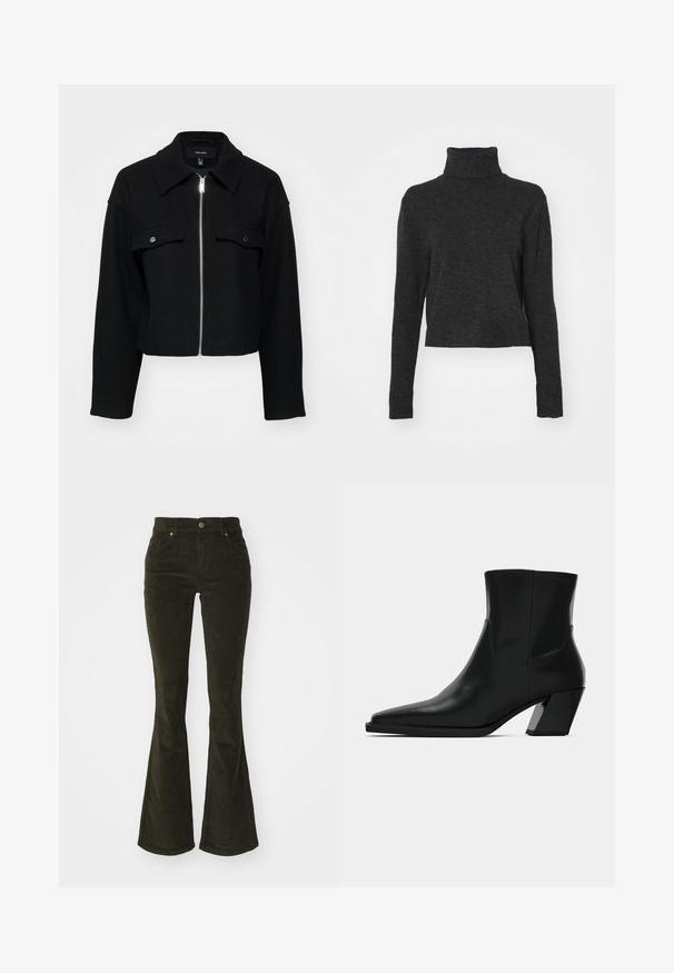Veste noire courte en tissu doux, dotée d'une fermeture éclair à l'avant, d'un col pointu et de deux poches poitrine avec des boutons-pression en argent.; Pull ras du cou noir à manches longues, en tissu doux et texturé, avec des accents côtelés au col et à l'ourlet.; Pantalons en velours côtelé évasés de couleur vert foncé. Comprend des poches avant, une fermeture à bouton, et un tissu doux et texturé avec un motif en relief.; Bottine en cuir noir avec un bout pointu, une silhouette élégante et un talon carré massif. Texture lisse avec des détails de couture minimalistes.