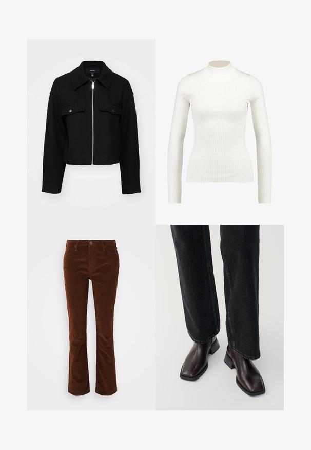 Afskåret sort jakke lavet af blødt stof, med lynlås fortil, spids krave og to brystlommer med sølvfarvede trykknapper.; Ribbet hvid langærmet turtleneck-bluse med en tætsiddende pasform og glat tekstur, der har en høj hals og slank silhuet.; Brune fløjsbukser med svaj, der har en glat tekstur, med lynlås og knaplukning samt standard fem-lomme design.; Brune læder ankelstøvler med firkantet tå og blokhæl, parret med sorte brede jeans. Glat tekstur og minimalistisk design.