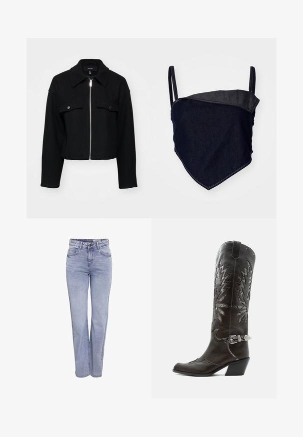 Lühike must jakk, mis on valmistatud pehmest kangast, millel on lukuga esiosa, terav krae ja kaks rinna taskut, millel on hõbedased nööbid.; Denim bralette, mille disainiga. Tume sinine kangas heledama, nurkse paneeliga. Reguleeritavad rihmad ja nähtavad õmbluse detailid.; Heledad sinine otsejalgsed teksad, mis on valmistatud denimist ja millel on nööbi kinnitussüsteem, viis taskut ning kerge kulumise efekt ees ja taga.; Mustast nahast kameelisaap kaunistavate lõigetega, hõbedase pandla ja kaldu kannaosaga, valgel taustal.