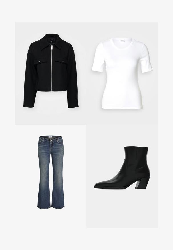 Kurze schwarze Jacke aus weichem Stoff mit einem Reißverschluss vorne, spitzem Kragen und zwei Brusttaschen mit silbernen Druckknöpfen.; Weißes T-Shirt mit kurzen Ärmeln aus glattem Baumwollstoff, mit rundem Ausschnitt und figurbetonter Form. Klassisches Design, ohne Muster oder Akzente.; Blaue, verwaschene Schlagjeans mit Vorderknopf, fünf Taschen und sichtbarem Markenschild am Bund.; Schwarze Leder-Stiefelette mit spitzem Zeh, schlanker Silhouette und klobigem quadratischem Absatz. Glatte Textur mit minimalen Nähdetails.