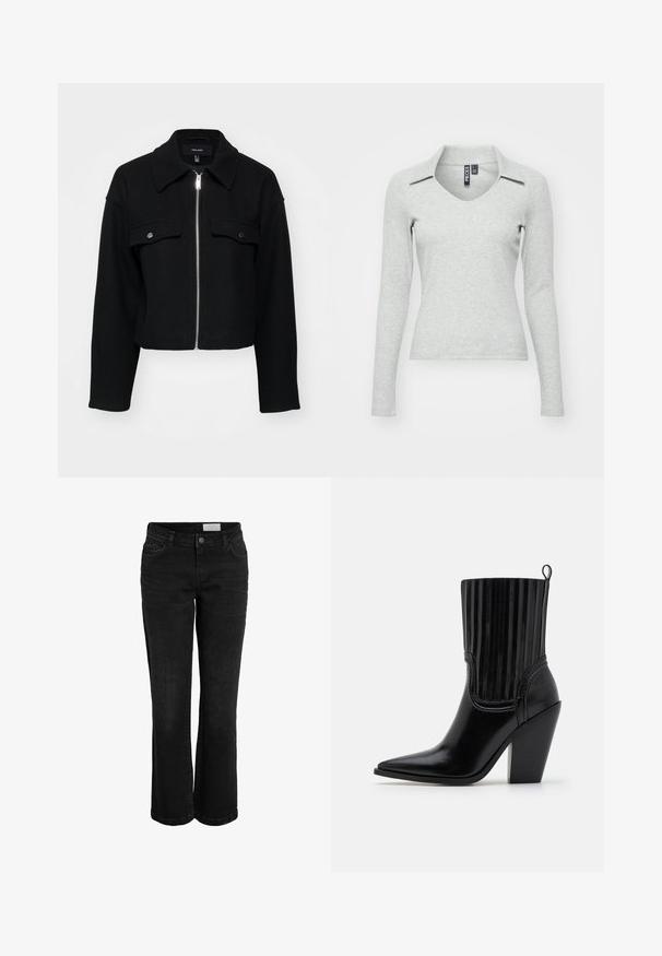 Kurze schwarze Jacke aus weichem Stoff mit einem Reißverschluss vorne, spitzem Kragen und zwei Brusttaschen mit silbernen Druckknöpfen.; Hellgraues langärmliges V-Ausschnitt-oberteil mit Kragen, aus weichem, strukturiertem Stoff gefertigt, mit enganliegendem Design und minimalen Details.; Schwarze Jeans aus Denim mit schmaler Flared-Form, fünf Taschen und einem Knopfverschluss. Verfügt über dezente Nähte und einen klassischen Bund.; Simmi London HONCHO - High Heel Stiefelette - black