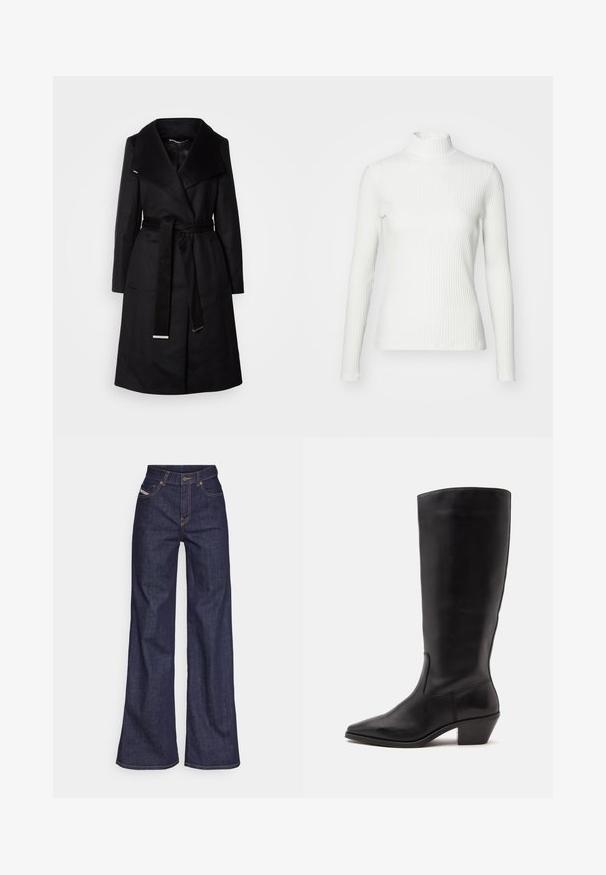 Schwarzer, langer Wollmantel mit einem großen Kragen, Wickeldesign, tailliertem Gürtel und zwei seitlichen Taschen. Hat eine elegante Textur und minimalen Hardware.; Weißes geripptes Turtleneck-Oberteil mit langen Ärmeln, aus elastischem Stoff. Verfügt über ein enganliegendes Design und einen hohen Kragen für zusätzlichen Schutz.; Dunkelblaue weite Jeans aus Denimstoff mit hoher Taille, ausgestattet mit orangefarbenen Nähten, fünf Taschen und einem Knopfverschluss.; Schwarzer Lederstiefel bis zur Wade mit spitzer Spitze und niedrigem schrägem Absatz vor einfachem hellem Hintergrund.