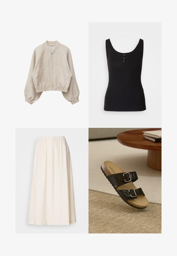 Veste beige à fermeture éclair avec poignets et taille élastiques, deux poches à l'avant et un col côtelé, présentée sur fond blanc.; Débardeur noir en tissu côtelé, avec une encolure dégagée et trois boutons-pression en métal sur le devant. Texture lisse, forme ajustée.; Jupe longue de couleur crème avec un taille élastique. Fabriquée en tissu texturé, elle a une silhouette ample et tombe doucement.; Sandale noire à deux brides avec boucles en argent, semelle en liège et semelle en caoutchouc. Fini mate sur les brides, présentée sur une surface tissée texturée.