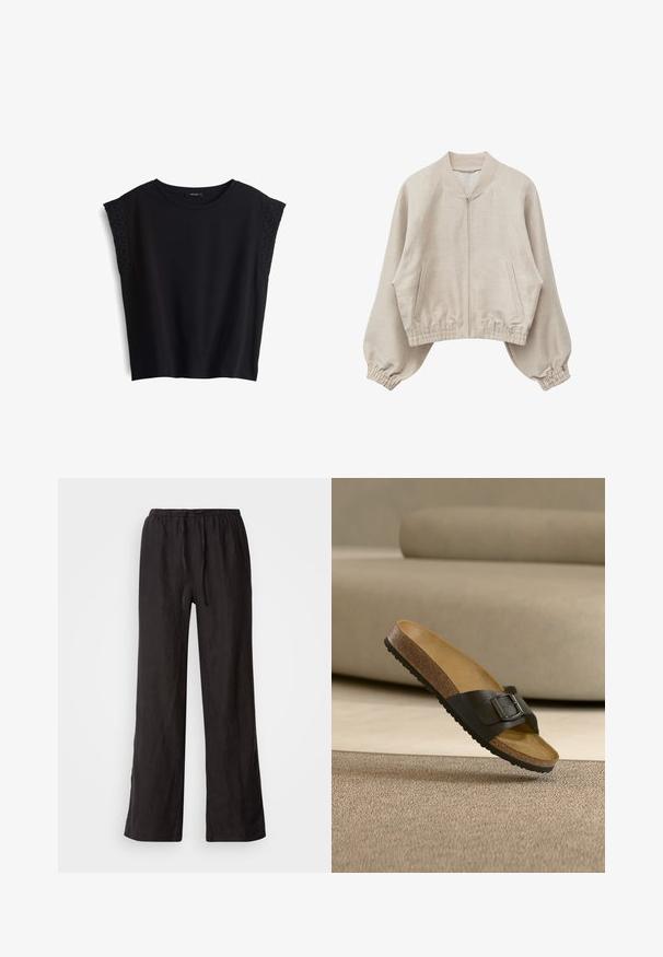 Beige Jacke zum Reißverschluss mit elastischen Bündchen und Taillenbund, zwei Vordertaschen und einem gerippten Kragen, auf weißem Hintergrund dargestellt.; Schwarzes Kurzarmoberteil mit rundem Halsausschnitt. Weicher Stoff mit strukturierten, gestickten Akzenten an den Schultern. Legere Passform, ohne Verschlüsse.; Schwarze, locker sitzende Hosen mit einem elastischen Bund und Zugband. Hergestellt aus einem leichten Stoff mit glatter Textur und geraden Beinen.; Einzelsandale mit braunem Kork-Fußbett, schwarzem Lederband und Metallschnalle, schwebt über einem beigen Teppich vor einem beigen Sofa.