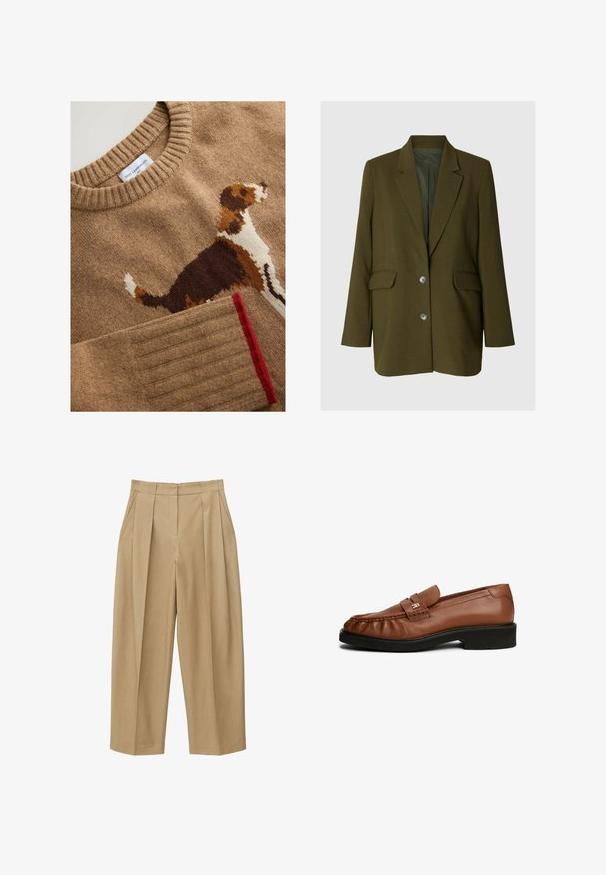 Blazer vert olive avec revers à encoches, deux poches avant à rabat, deux boutons et manches longues, présenté sur un fond neutre.; Pull en laine d'agneau marron clair avec un motif de chien en marron foncé, blanc et orange. Col et poignets côtelés avec un détail accentué en rouge.; Pantalon beige taille haute à jambes larges avec plis sur le devant, poches latérales et ceinture ajustée avec passants pour ceinture.; Mocassins en cuir marron avec une texture lisse, bout arrondi, détail de sangle à l'avant et petit talon en caoutchouc noir.