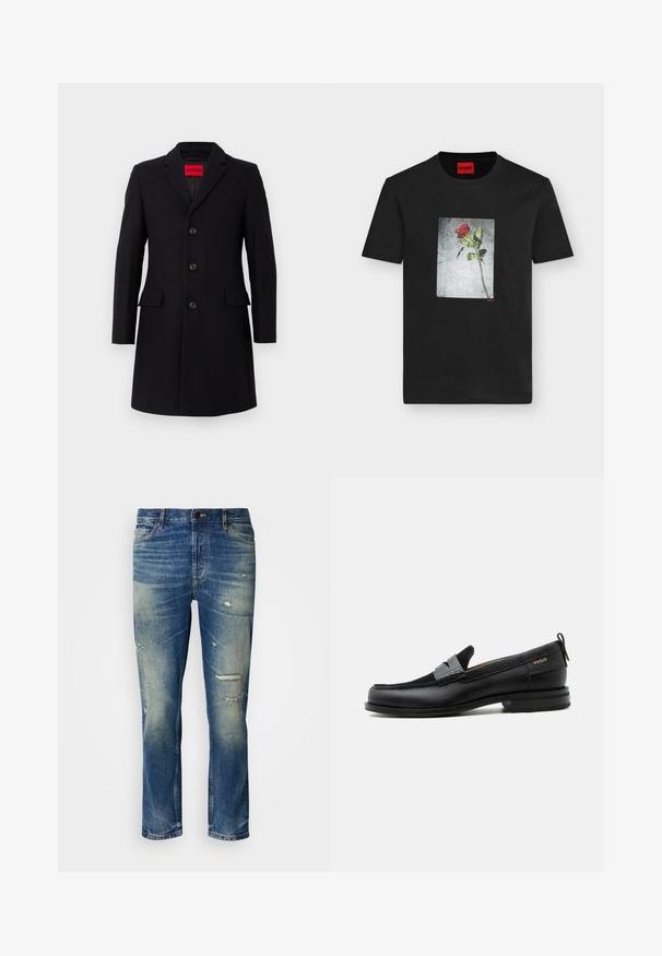 Schwarzer Wollmantel mit maßgeschneiderter Passform. Mit Reverskragen, fünf Knöpfen und zwei vorderen Taschen. Gefüttertes Innenfutter. Rotes Logo sichtbar.; Schwarzes T-Shirt mit kurzen Ärmeln, mittig bedruckt mit einer einzelnen roten Rose auf grauem strukturiertem Hintergrund und kleinem rotem "HUGO"-Logo.; Hellblaue Jeans aus Denim mit lässiger Passform, die abgenutzte Details, verblasste Stellen und einen klassischen Knopf- und Reißverschluss aufweisen.; Schwarzer Lederloafer mit grauem Riemendetail, niedrigem Absatz und strukturierter Sohle, seitlich mit „HUGO“ in Gold gebrandmarkt.