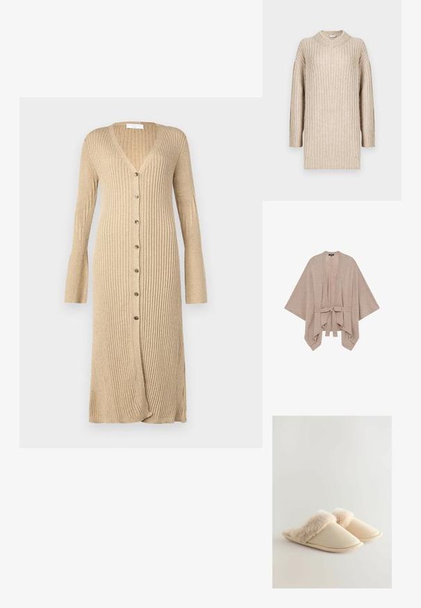 Beige-värinen kietaisumekko leveillä hihoilla, valmistettu pehmeästä kankaasta. Mallissa on etuosan solmittava nyöri ja rento istuvuus, hienovaraisella tekstuurilla ilman kuvioita.; Vaaleanbeige neulepaita, jossa on V-pääntie, pitkät hihat ja ribbien rakenne. Löysä istuvuus suoralla leikkauksella, korostaen mukavaa tyyliä ja mukavuutta.; Beige ribbad cardigan med långa ärmar, knäppning framtill, V-ringning och utstickande ärmslut. Tillverkad av mjukt stickat material med en strukturerad yta.; Beige tossut, joissa on pehmeä karvaremmi, pyöreä kärki ja teksturoitu kangas. Pohja on litteä ja joustava.