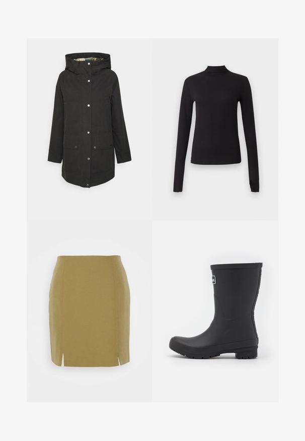 Parka noire imperméable avec capuche, devant à bouton-pression, deux poches à rabat et doublure à motif jaune. Texture lisse, design mi-long.; Haut noir ajusté à manches longues avec col montant, présenté sur un fond gris clair uni.; Jupe crayon kaki avec un design ajusté, taille haute et deux fentes à l'avant, fabriquée dans un tissu lisse avec une texture subtile.; Botte de pluie en caoutchouc noire avec une finition lisse, un orteil rond et une semelle texturée. Présente un logo sur le côté et un talon droit et haut.