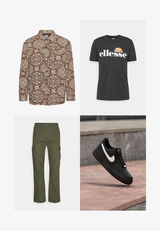 Brun skovmønstret skjorte med indviklede hvide designs, knaplukning foran og krave. Lavet af struktureret stof med lange ærmer.; Mørkegrå kortærmet T-shirt lavet af bomuld med et hvidt "ellesse" logo og et flerfarvet halvcirkeldiagram over teksten.; Cargo bukser i mørke olivengrøn med flere sidelommer, lige snit og et slidstærkt stof med en tekstureret overflade.; Sort Nike Air Force 1-sneaker med hvid swoosh-logo, svævende over en stenovertflade med en grå tekstureret væg i baggrunden.