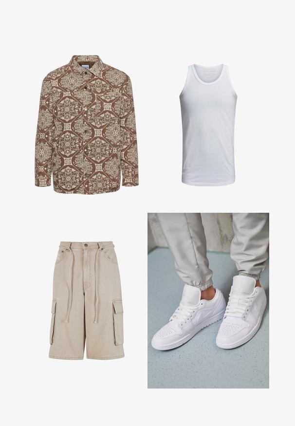Camisa marrón con un estampado intrincado en blanco, cierre de botones en la parte delantera y cuello. Confeccionada en un tejido texturizado y de mangas largas.; Top de tirantes de algodón blanco con cuello redondo, tirantes anchos y un logo minimalista impreso dentro del cuello. Textura suave, ajuste casual.; Pantalones cortos cargo beige de algodón con cintura con cordón, dos bolsillos laterales y un bolsillo lateral adicional, que presentan detalles de costura visibles.; Las zapatillas deportivas de cuero blanco cuentan con una caja de dedos perforada, cordones planos, un cuello acolchado y el logo de Jordan en la lengüeta. Las llevan puestas con pantalones joggers grises.
