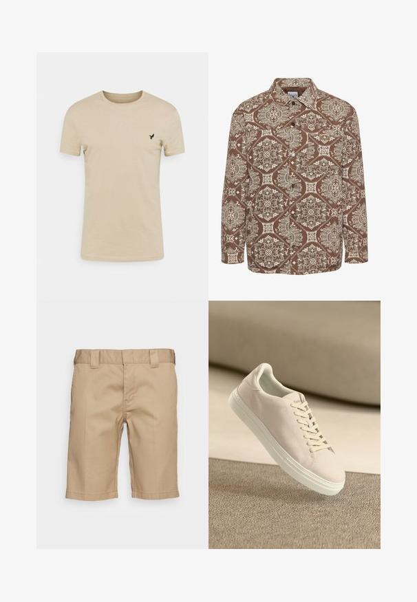 Camisa marrón con un estampado intrincado en blanco, cierre de botones en la parte delantera y cuello. Confeccionada en un tejido texturizado y de mangas largas.; Camiseta de manga corta beige hecha de tela suave, con un cuello redondo y un pequeño logo de un pájaro negro en la parte izquierda del pecho.; Pantalones cortos de algodón beige con un frente plano, pasadores para cinturón y corte recto. Presentan piernas rematadas, textura suave y un diseño clásico.; Zapatilla de ante beige con suela y cordones blancos, mostrada flotando sobre una alfombra de textura beige contra un suave fondo beige.