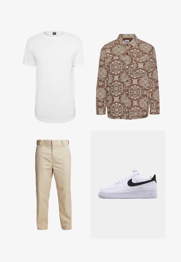 Chemise marron à motifs avec des motifs blancs complexes, boutonnage sur le devant et col. Fabriquée en tissu texturé avec des manches longues.; T-shirt blanc à manches courtes en coton, avec un col rond classique, une coupe décontractée et sans motifs ni logos visibles.; Pantalons en coton beige avec une coupe slim, des jambes droites et des passants de ceinture ; texture lisse et design minimaliste sans accents visibles.; Sneaker en cuir blanc avec un Swoosh noir texturé, des lacets plats et une semelle en caoutchouc avec un motif strié. "AIR" est embossé sur le talon.