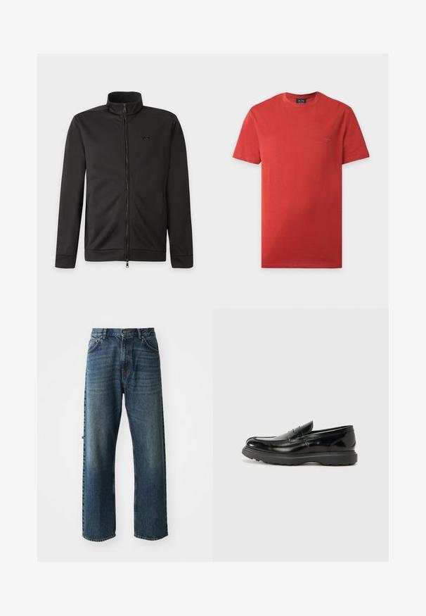 Veste noire zippée intégralement avec col montant, manches longues, poches latérales et petit logo sur la poitrine gauche.; T-shirt rouge à manches courtes et col rond avec un logo Armani Exchange discret sur la poitrine gauche et une étiquette A|X sur le col.; NN.07 OTIS - Jean droit - stonewashed; Mocassin en cuir noir avec une finition brillante, bout arrondi, détails de couture subtils et semelle en caoutchouc épaisse pour la durabilité.