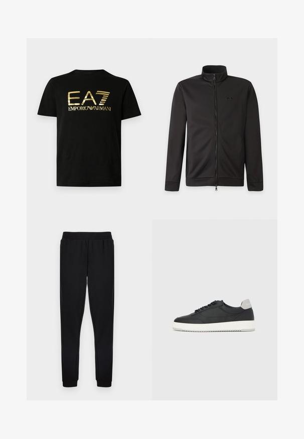 Sort jakke med fuld lynlås, høj krave, lange ærmer, sidelommer og et lille logo på venstre bryst.; Sort bomulds-T-shirt med en skinnende guldfarvet tryk af "EA7" og "emporio armani" tværs over fronten i en fed, moderne skrifttype. Korte ærmer.; Sorte joggingbukser med elastisk taljebånd, tilspidsede ben og ribstrikkede ankler, lavet af blødt stof uden synlige mønstre.; Sort lavtop-sneakers med hvid sål og grå hælkappe, set fra siden på en helt hvid baggrund.