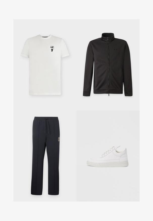 Veste noire zippée intégralement avec col montant, manches longues, poches latérales et petit logo sur la poitrine gauche.; T-shirt blanc à manches courtes et col rond avec une petite figure de dessin animé en noir et blanc portant des lunettes de soleil et un costume sur la poitrine gauche.; Pantalon de survêtement noir en tissu doux, avec une taille à cordon, des plis latéraux et un logo circulaire sur la cuisse gauche.; Baskets en cuir blanc avec un embout arrondi, une semelle plate et un laçage à l'avant. Présentent des détails de couture et un col rembourré pour plus de confort.