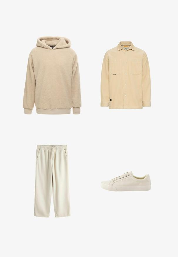 Beige kordfløjl skjortejakke med to brystlommer, krave og lange ærmer.; Beige fleece hoodie med en tekstureret overflade, stor hætte og ribbede manchetter og kant. Har en afslappet pasform og lange ærmer.; Beige bukser med vidde i benene, elastik i taljen og snøre, forlommer og en afslappet pasform.; Next REGULAR FIT - LONGLINE SMART CASUAL - Sneakers - neutral