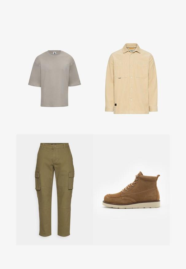 Beige corduroy knoopjacket met twee borstzakken, een kraag en lange mouwen.; Korte mouwen, ronde hals t-shirt van lichtbeige katoen. Heeft een relaxte pasvorm, een gladde textuur en subtiele branding op de mouw.; Olijfgroene cargobroek met een rechte pijpdesign, voorzien van zijzakken, een knoopsluiting en zichtbare stikseldetails. Gemaakt van duurzaam materiaal.; Bruine suède enkellaarzen met een ronde neus, vetersluiting aan de voorkant en een beige rubberen zool, met subtiele stiksels en een lus aan de achterkant.