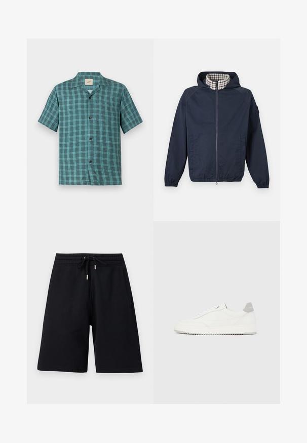 Veste à capuche bleu marine avec fermeture éclair frontale, poignets et ourlet élastiques, poches latérales, et doublure intérieure du col en tartan beige.; Chemise à manches courtes en tartan teal et vert foncé, dotée d'une fermeture à boutons, d'une poche poitrine unique et d'un tissu doux à la texture lisse.; Shorts noirs mi-genoux avec taille élastique et cordon de serrage, dotés de poches latérales et d'une coupe décontractée.; Baskets basses blanches avec un onglet de talon gris, des lacets blancs et une semelle texturée, présentées sur un fond uni clair.