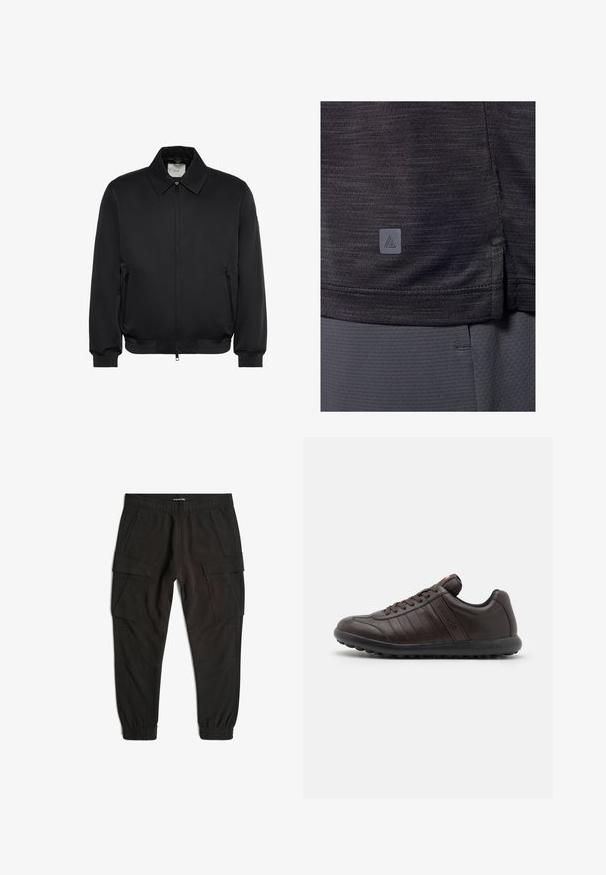 Zwart jack met ritssluiting en kraag, twee voorzakken met ritssluiting, geribbelde manchetten en zoom, weergegeven op een witte achtergrond.; Donkergrijs sportshirt, gemaakt van gestructureerde stof. Heeft een zijsplit aan de zoom en een klein logo-label in de linkerbenedenhoek.; Zwarte joggingbroek van zacht materiaal, met elastische boorden, zijcargo zakken en gestikte details voor een gestructureerde uitstraling.; Bruin leren sneakers met een ronde neus, vetersluiting, subtiele stikdetails en een gestructureerde rubberen zool voor grip.