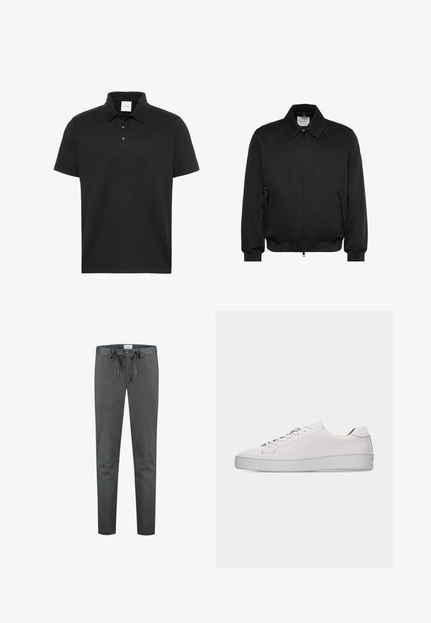 Veste noire zippée avec col, deux poches avant zippées, poignets et ourlet côtelés, présentée sur fond blanc.; Polo noir à manches courtes avec col et trois boutons, arborant un discret logo Calvin Klein sur la poitrine.; Pantalons gris extensibles avec une texture lisse, taille à cordon de serrage et fermeture à bouton. Présente un design ajusté et des coutures minimales visibles.; Baskets basses en cuir blanc avec lacets blancs, semelle en caoutchouc plate texturée et coutures minimalistes, vues de côté extérieur sur fond blanc.
