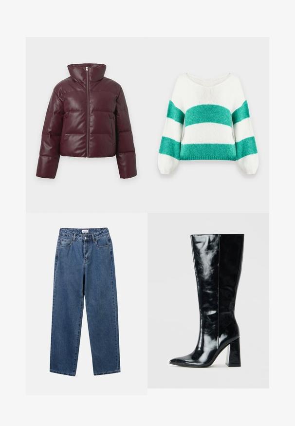 Burgunderfarbener Steppjacke mit hohem Kragen, durchgehendem Reißverschluss und gepolstertem Design. Verfügt über zwei Seitentaschen und eine glänzende Oberfläche.; Gestricktes Crop-Pullover mit weitem V-Ausschnitt, grün-weiß gestreift, mit Ballonärmeln und weicher, strukturierter Oberfläche.; Klassische blaue Denim-Jeans mit geradem Bein, fünf Taschen und Knopfverschluss. Sie verfügen über eine mittelblau gewaschene Optik und sind aus robuster Textur.; Schwarze kniehohe Stiefel aus glänzendem Leder, mit spitzem Zehen und einem klobigen, geometrischen Absatz mit glatter Textur.
