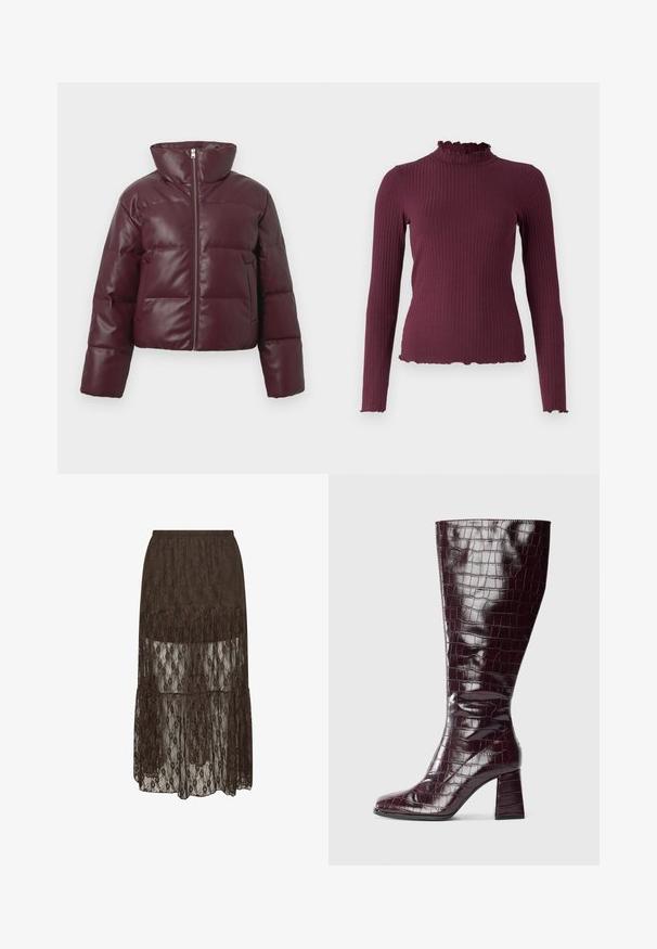 Bordeaux puffer jakke med høj krave, front lynlås lukning og polstret design. Har to sidelommer og en blank finish.; Ribstrikket, langærmet, mørkelilla sweater med falsk flæsekrave og matchende flæsekanter på ærmer og kant.; Mørkebrun maxi nederdel i blonder med elastisk taljebånd og gennemsigtigt blomsteroverlay, der går ud over knælængdeforingen.; Mørkerød knæhøj støvle med krokodillemønster og blokhælm, vist fra siden på en hvid baggrund.