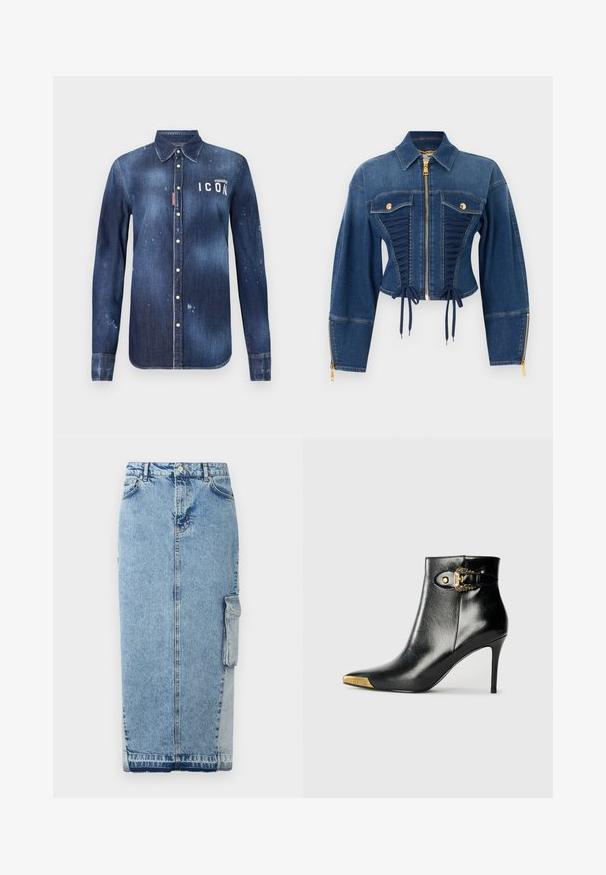 Chaqueta vaquera con cremallera y botones dorados, cordones delanteros estilo corsé, mangas largas con puños de cremallera y cuello puntiagudo.; Camisa de denim en azul oscuro, con un diseño de botones, desgarros preservados, acentos desgastados y texto blanco "ICON" en el pecho.; Falda de mezclilla en azul claro, con un corte recto, cierre de botones en la parte delantera, bolsillos laterales y un panel de tela de contraste distintivo.; Botín negro hasta el tobillo fabricado en cuero brillante, con punta puntiaguda, tacón de aguja y detalles dorados con una hebilla decorativa.