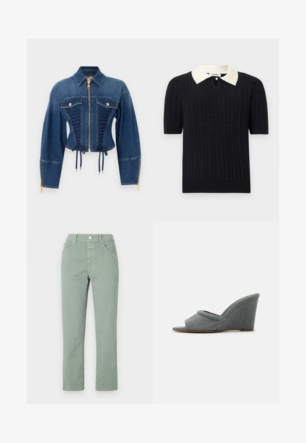 Veste en denim avec fermeture éclair et boutons dorés, laçage corset à l'avant, manches longues avec poignets zippés et col pointu.; Haut noir en maille à manches courtes avec motif torsadé, doté d'un col pointu blanc orné de perles et d'une petite ouverture frontale avec bouton.; Pantalons en coton vert clair avec une coupe droite, dotés de poches avant, d'une fermeture à bouton et de détails de couture subtils.; Ilio Smeraldo JIYOUNG - Mules à talons - light grey