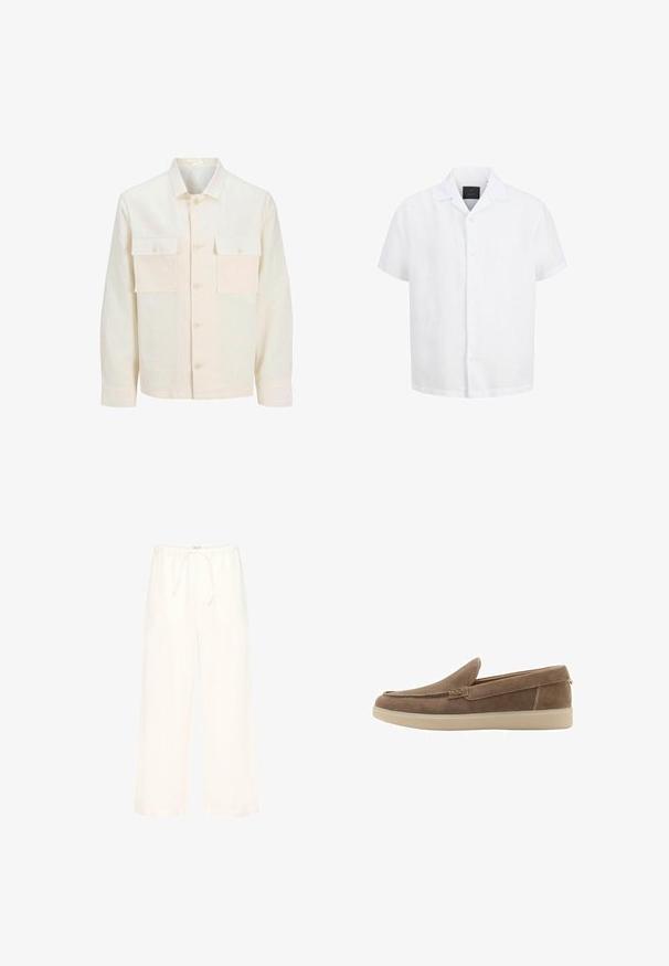 Veste de couleur crème en tissu léger, dotée de deux poches avant, d'une fermeture à boutons et d'un col. Coupe régulière avec manches longues.; Chemise blanche à manches courtes avec boutons, col ouvert et étiquette noire à l'intérieur du col sur fond blanc.; Pantalon blanc à jambes larges avec taille élastique et cordon de serrage, confectionné en tissu léger.; Mocassin marron en daim sans lacets avec semelle en caoutchouc beige et surpiqûres, vu de côté sur fond blanc.