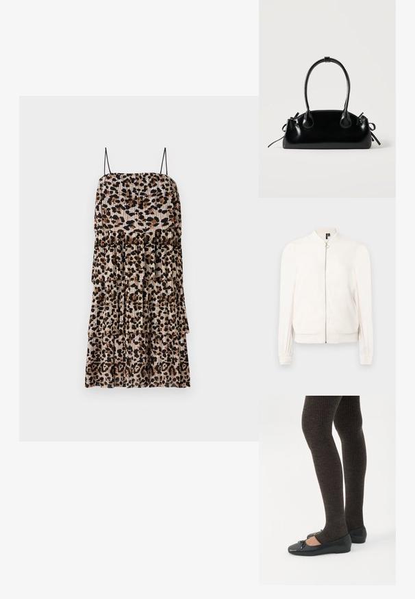 Chaqueta bomber blanca de manga larga con cremallera frontal y puños, cuello y cintura acanalados, mostrada sobre un fondo blanco.; Vestido midi plisado con estampado de leopardo en tonos marrones y negros. Presenta tirantes finos negros y capas escalonadas.; Piernas con leggings oscuros acanalados combinados con bailarinas negras que presentan pequeños detalles de lazo sobre un fondo blanco.; Pequeño bolso negro brillante con dos asas largas y detalles de cordón lateral sobre un fondo claro liso.