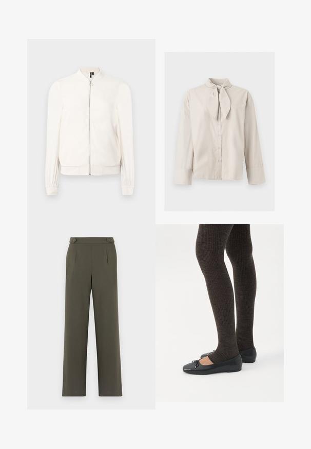 Chaqueta bomber blanca de manga larga con cremallera frontal y puños, cuello y cintura acanalados, mostrada sobre un fondo blanco.; Blusa beige de manga larga con botones, detalle de cuello atado y puños anchos en las mangas, mostrada sobre un fondo claro y sencillo.; Pantalones verde oliva con un diseño de pierna recta, que presentan dos botones en la cintura y pliegues frontales para un detalle adicional.; Piernas con leggings oscuros acanalados combinados con bailarinas negras que presentan pequeños detalles de lazo sobre un fondo blanco.