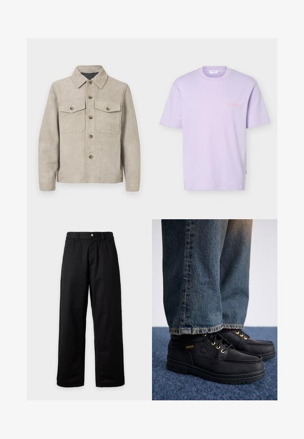 Veste en suède beige avec un col, fermeture à boutons sur le devant et deux poches poitrine avec rabats à boutons. Texture lisse et coupe ajustée.; T-shirt à manches courtes de couleur lavande avec encolure ronde et petit logo texte rose sur le côté gauche de la poitrine sur fond blanc uni.; Pantalon noir à jambes larges avec passants pour ceinture, bouton devant et fermeture éclair, présenté sur un fond clair uni.; Chaussures en cuir noir avec œillets dorés et finition texturée, associées à un jean en denim bleu. Les chaussures présentent une semelle superposée et un détail de marque.
