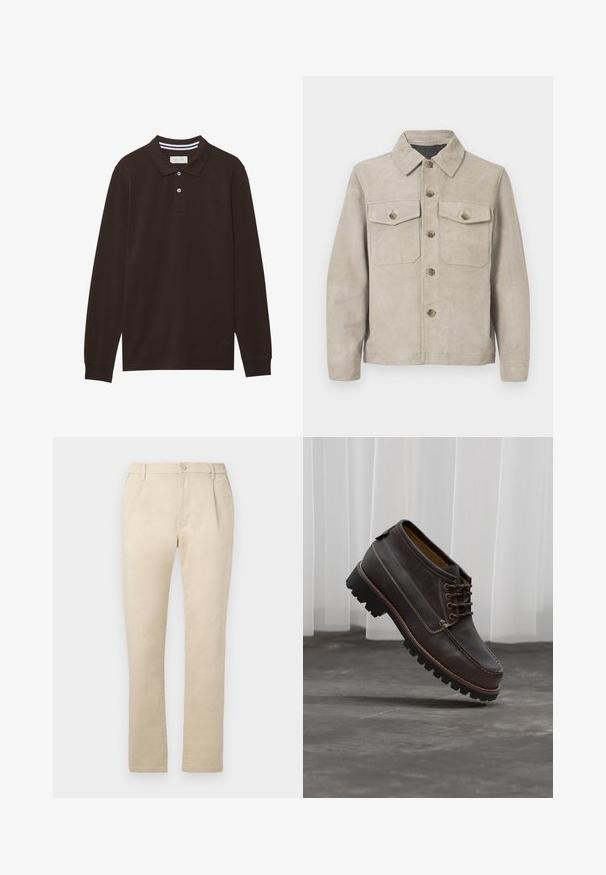 Veste en suède beige avec un col, fermeture à boutons sur le devant et deux poches poitrine avec rabats à boutons. Texture lisse et coupe ajustée.; Polo à manches longues en coton marron foncé, doté d'un col, d'une patte de boutonnage à trois boutons et d'accents à rayures blanches. Texture lisse.; Pantalon beige droit avec fermeture par bouton et fermeture éclair, passants pour ceinture et côtés élastiques à la taille.; Chaussure en cuir marron avec un bout arrondi, un design à lacets, des coutures contrastantes et une semelle en caoutchouc noir robuste pour une bonne adhérence.