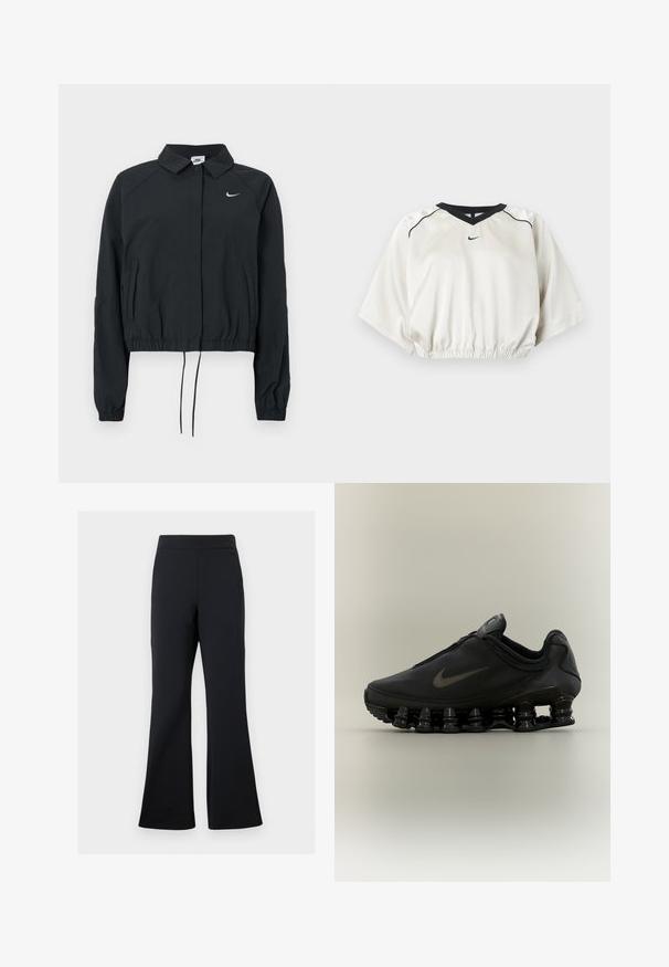 Sort Nike cropped jakke med krave, elastiske ærmekanter og snørre i kanten; logo på brystet; glat stoftekstur.; Hvid kort sportstop med sort V-hals kant, elastisk talje, korte brede ærmer og lille sort Nike-logo foran i midten.; Sorte flared bukser lavet af blødt stof med elastisk talje og en diskret sidelomme, der har en glat tekstur og minimalistisk design.; Sort Nike-sneaker med lynlåsfunktion øverst og karakteristisk fjederlignende opdelt sål, vist i sideprofil mod en neutral baggrund.