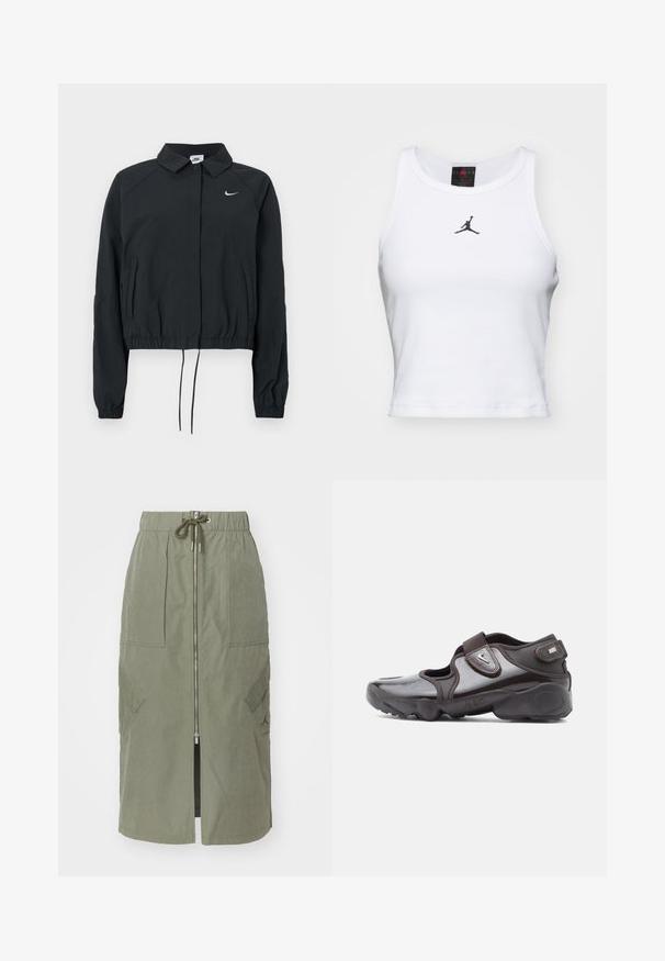 Sort Nike cropped jakke med krave, elastiske ærmekanter og snørre i kanten; logo på brystet; glat stoftekstur.; Hvid cropped tanktop lavet af bomuld med ribbet tekstur. Har et sort Jordan-logo i midten og en klassisk rund halsudskæring.; Oliven grøn midi-skjørt lavet af letvægtsstof, med en front lynlås, elastisk talje og store sidelommer med vinkelformede klapper.; Mørkebrune sportssko med en blank finish, velcrolukning, rundet tå og en tekstureret sål med polstrede designelementer.