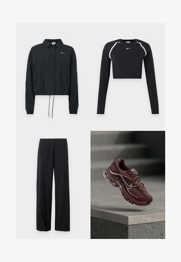 Μαύρο cropped μπουφάν Nike με γιακά, ελαστικά μανίκια και ρυθμιζόμενο στρίφωμα με κορδόνι· διαθέτει λογότυπο στο στήθος· υφή υφάσματος λεία.; Μαύρο κοντό αθλητικό τοπ με μακριά μανίκια, με λευκές καμπύλες ρίγες στους ώμους και μικρό λευκό λογότυπο Nike στη μέση του στήθους.; Μαύρο αθλητικό παντελόνι Nike σε άνετη γραμμή, με ελαστική μέση και διακριτικό λευκό λογότυπο Swoosh στον αριστερό μηρό.; Μαύρο-καφέ παπούτσι τρεξίματος Nike με ύφασμα διχτυού, επενδεδυμένο γιακά, παχιά σόλα και λευκές λεπτομέρειες. Ο σχεδιασμός διαθέτει στρογγυλεμένη μύτη και έντονα κορδόνια.