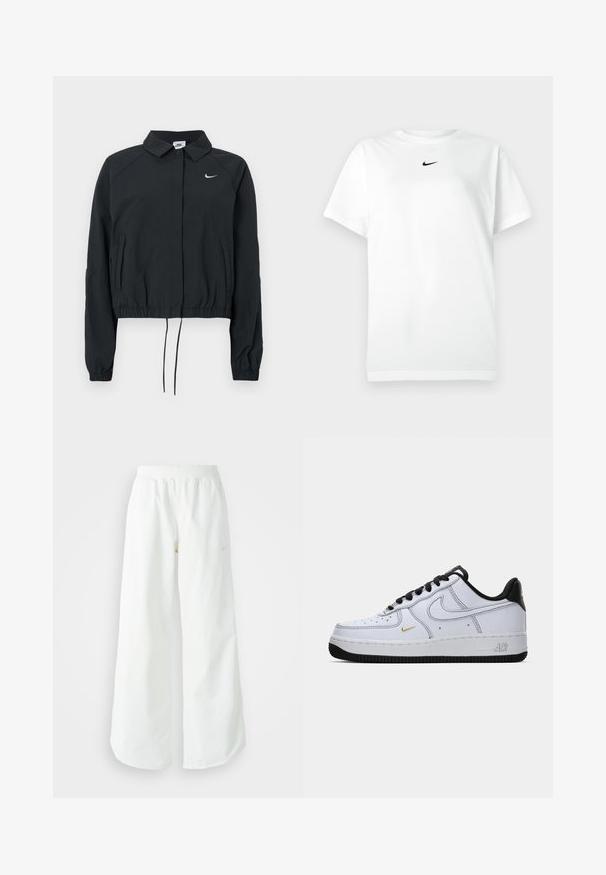 Sort Nike cropped jakke med krave, elastiske ærmekanter og snørre i kanten; logo på brystet; glat stoftekstur.; Hvid kortærmet T-shirt med rund hals, prydet med et lille sort Nike swoosh-logo centreret under halsudskæringen.; Hvide athletic bukser med vidde, ribbet talje og subtile logo detaljer. Glat stof med en afslappet pasform og tapered hals.; Hvide lav-top Nike Air Force 1 sneakers med sort sål, sorte snørebånd, sort hæl og lille gul swoosh på siden.