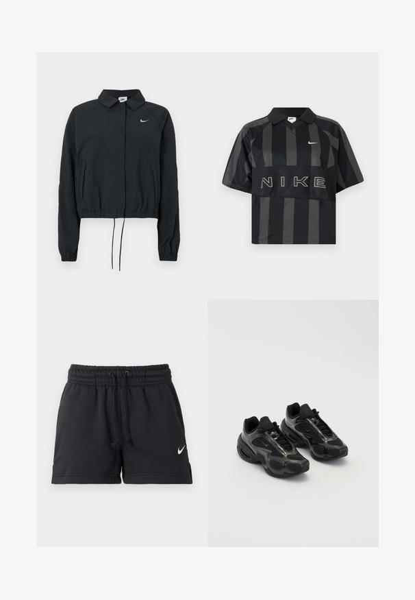 Sort Nike cropped jakke med krave, elastiske ærmekanter og snørre i kanten; logo på brystet; glat stoftekstur.; Sort og mørkegrå polo t-shirt med korte ærmer fra Nike med vertikale striber, krave, hvid Nike-swoosh og stor NIKE-tekst over brystet.; Sorte Nike sportsshorts med elastik i taljen, snøre, sidelommer og hvid swoosh-logo på venstre ben.; Sorte sportssko lavet af syntetisk materiale med mesh-detaljer og afrundede såler. Har snørresystem og fremtrædende Nike-logo på tungen.