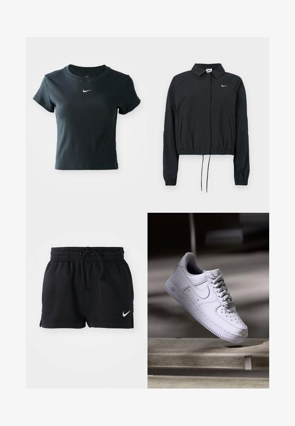 Zwart Nike cropped jack met een kraag, elastische manchetten en een trekkoordzoom; voorzien van een logo op de borst; gladde stoftextuur.; Korte mouw, cropped zwart geribbeld t-shirt gemaakt van zachte stof, met een klein wit Nike-logo op de borst.; Zwarte sportieve shorts van zacht materiaal, met een elastische tailleband en koord, zijsplitten en een klein wit logo op de zoom.; Witte Nike Air Force 1 sneaker die zweeft boven een betonnen oppervlak met schaduwen in een minimalistische setting.