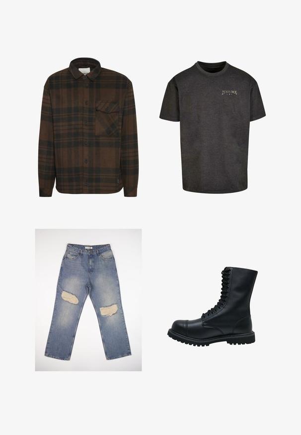 Bruin en zwart geruit flanellen overhemd met knoopsluiting, voorzien van een borstzak en contrasterende knoopsluitingen. Zachte textuur.; Grijze katoenen t-shirt met een ronde hals, voorzien van een klein wit logo op de linkerborst. Korte mouwen en een ontspannen pasvorm.; Lichtblauwe denim jeans met een rechte pasvorm, voorzien van twee grote versleten stukken op de knieën en een standaard vijf-pocket ontwerp.; Zwarte leren veterschoen met een ronde neus, hoge schacht, dikke rubberen zool en een gestructureerd oppervlak. Heeft versterkte stiksels langs de naden.