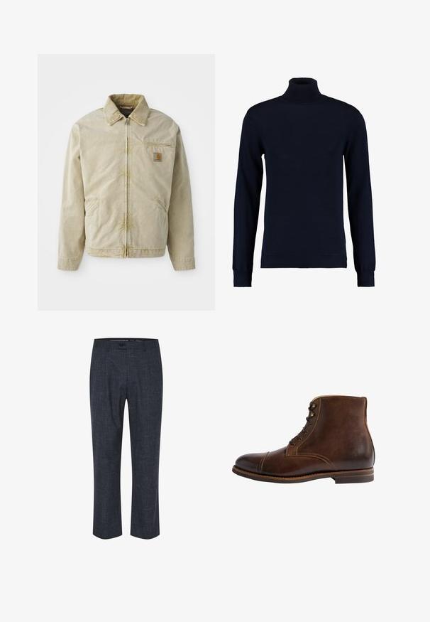 Beige jakke med lynlås foran, spidse kraver, brystlomme og to sidelommer. Lavet af et struktureret stof med en subtil glans.; Marineblå turtleneck sweater lavet af blødt, strikket stof. Har lange ærmer og ribbede detaljer ved kraven og manchetterne. Simpelt design.; Mørkeblå bukser lavet af tekstureret stof, med flad front, knaplukning og lige ben med subtile, lyse mønstre.; Brune læder ankelstøvle med rund tå, snørelukning, kontraststikning og en glat overflade. Flad sål og minimale detaljer.