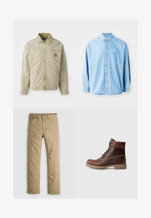 Beige jas met een rits aan de voorkant, puntige kraag, borstzak en twee zijzakken. Gemaakt van een geweven stof met een subtiele glans.; Lichtblauwe denim overhemd met knopen en lange mouwen, puntkraag en een klein logo op de linkerborst. Heeft een ontspannen pasvorm en een klassiek ontwerp.; Kaki katoenen broek met een rechte pijp, voorzakken en een knoopsluiting. Glad textuur en verstevigde naden voor duurzaamheid.; Bruine leren veterschoen tot de enkel met gevoerde kraag, contrasterende stiksels en een robuuste zool, getoond vanaf de buitenkant op een witte achtergrond.