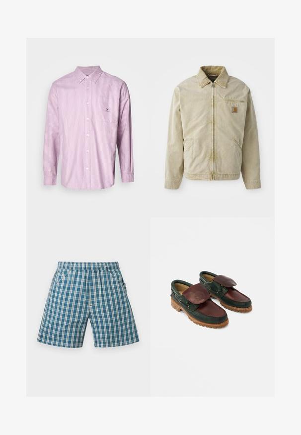Chaqueta beige con cierre frontal, cuello puntiagudo, bolsillo en el pecho y dos bolsillos laterales. Hecha de una tela texturizada con un brillo sutil.; Camisa de botones de manga larga en rosa claro con rayas verticales blancas, tela de algodón, cuello, bolsillo frontal y detalle de logo en el bolsillo.; Pantalones cortos de cuadros azules y blancos con cintura elástica y bolsillos delanteros, colocados planos sobre un fondo claro y liso.; Zapatos de cuero con cuerpo verde oscuro, parte superior burdeos, puntera redonda, solapa asegurada y suela de caucho texturizada con crestas.