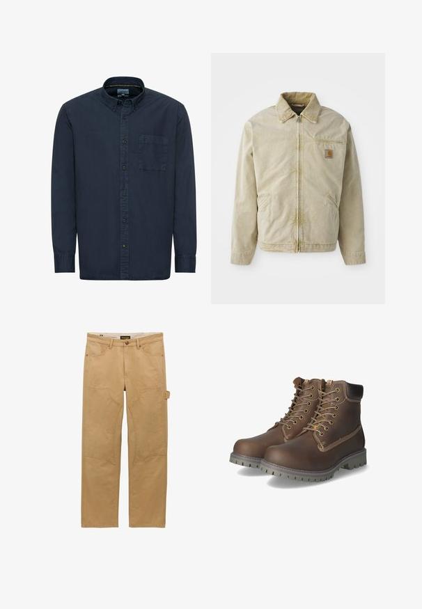 Beige Jacke mit Reißverschluss vorne, spitzem Kragen, Brusttasche und zwei Seitentaschen. Hergestellt aus einem strukturierten Stoff mit subtiler Shed.; Marineblaue Button-Down-Hemd aus Baumwolle. Verfügt über einen klassischen Kragen, lange Ärmel, eine einzelne Brusttasche und dezente Nähdetails.; Hellbraune Arbeitslatzhose mit geradem Bein, verstärkten Kniepolstern, Vordertaschen, Gürtelschlaufen und einer seitlichen Werkzeugschlaufe.; Braune Leder-Ankle-Boots mit Schnürung, gepolstertem Kragen, kontrastierenden Nähten und rutschfester Gummisohle mit Trittmuster.