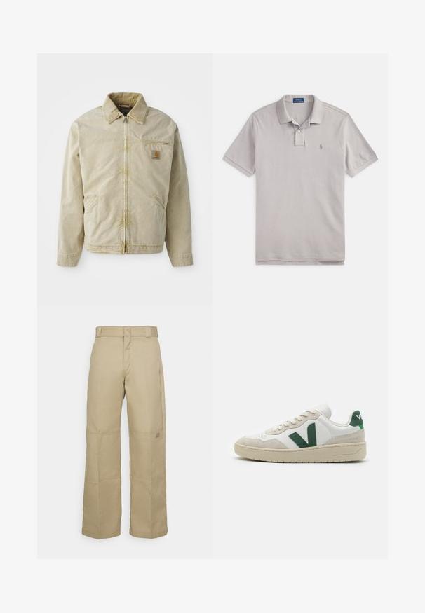 Beige Jacke mit Reißverschluss vorne, spitzem Kragen, Brusttasche und zwei Seitentaschen. Hergestellt aus einem strukturierten Stoff mit subtiler Shed.; Graues Poloshirt mit kurzen Ärmeln, aus strukturiertem Baumwollstoff gefertigt, mit einer Zwei-Knopf-Leiste und einem kleinen bestickten Logo auf der Brust.; Beige, weit geschnittene Hosen aus robustem Stoff, mit hoher Taille, sichtbaren Nähten und einem kleinen Logopatch an der Seite.; Weißer Sneaker mit grünen Wildlederakzenten, flachen Schnürsenkeln, strukturiertem Zehenbereich und beigefarbenem Gummisohle. Auffälliges "V"-Logo an der Seite.