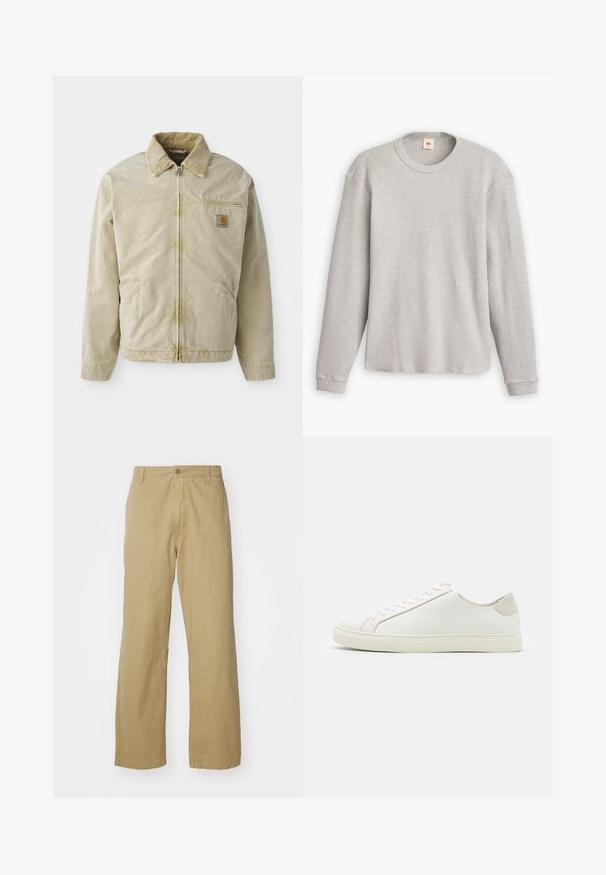 Vaate beige huppari, jossa on vetoketju edessä, terävä kaulus, rintatasku ja kaksi sivutaskua. Valmistettu strukturoidusta kankaasta, jossa on hieno kiilto.; Harmaa pitkähihainen neulepusero, jossa on ribbikuvio, pyöreä kaula-aukko ja suora helma. Hihansuut ovat kapeat ja valmistettu pehmeästä kankaasta.; Khaki puuvillalaskeutuvat housut suoranlahkeisella suunnittelulla, joissa on edessä nappisulku ja sivutaskut. Sujuva ja kestävä rakenne.; Valkoinen nahkakengät, joissa on sileä pinta, pyöreä kärki ja minimalistiinen muotoilu. Varressa beige-yksityiskohtia ja kumipohja.