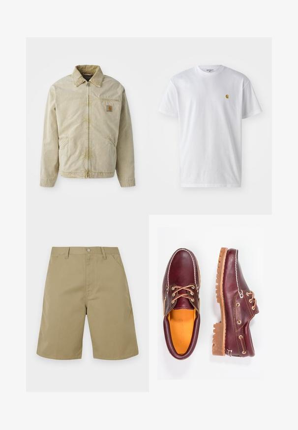 Veste beige avec une fermeture éclair à l'avant, col pointu, poche poitrine et deux poches latérales. Fabriquée dans un tissu texturé avec un léger éclat.; T-shirt en coton blanc à manches courtes, col rond, avec un petit logo doré sur la poitrine gauche. Texture douce et coupe régulière.; Shorts beige en tissu à texture lisse, avec un devant plat, des passants pour ceinture et des poches latérales ; coupe droite pour les jambes.; Chaussures en cuir bourgogne avec semelles en caoutchouc marron, bout rond, couture blanche et œillets dorés. L'intérieur présente une doublure jaune.