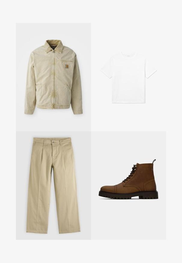 Veste beige avec une fermeture éclair à l'avant, col pointu, poche poitrine et deux poches latérales. Fabriquée dans un tissu texturé avec un léger éclat.; T-shirt en coton blanc avec des manches courtes, un col rond et un ourlet droit. Texture lisse sans motifs ni accents visibles.; Pantalon beige droit avec plis sur le devant, passants pour ceinture, poches latérales et fermeture par bouton à la taille.; Botte de cheville en cuir marron à lacets avec semelle crantée noire épaisse et languette, sur fond blanc.