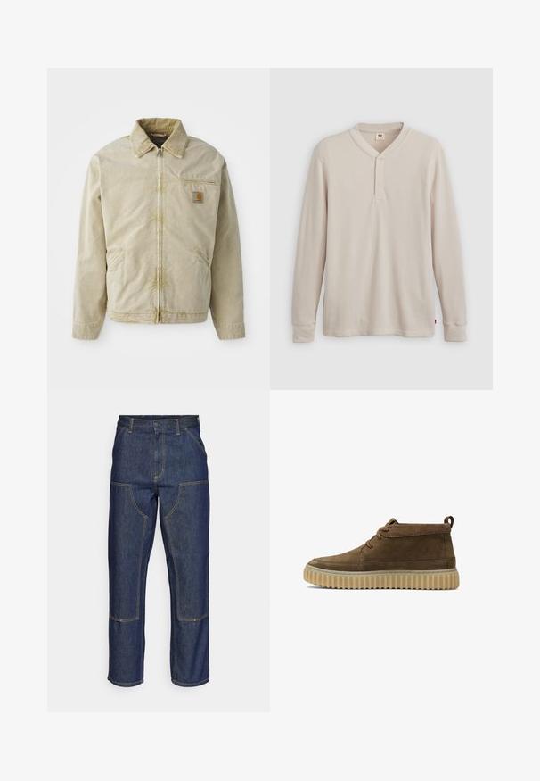 Chaqueta beige con cierre frontal, cuello puntiagudo, bolsillo en el pecho y dos bolsillos laterales. Hecha de una tela texturizada con un brillo sutil.; Camisa tipo henley de manga larga en tejido acanalado color beige claro, con escote en V,tapeta de tres botones, y mangas con puños. Etiqueta de logo roja en el dobladillo.; Jeans de mezclilla azul oscuro con cintura alta, diseño de pierna recta, costuras contrastantes y bolsillos de parche en la parte delantera.; Botines de ante marrón con punta redondeada, costuras mínimas y suela de goma gruesa y texturizada. Presenta un diseño de cordones y una pestaña en el talón.